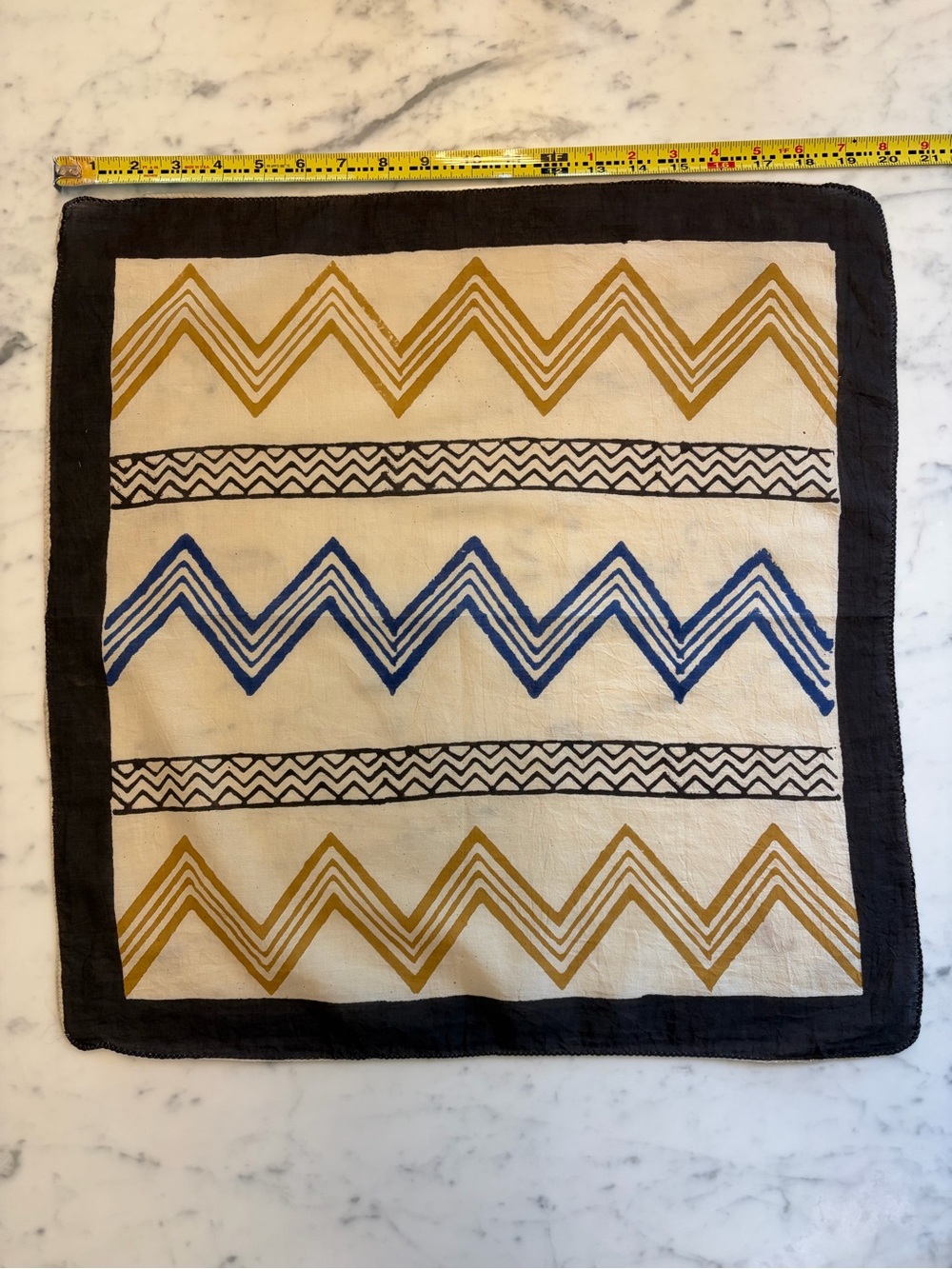 Hand-Printed Chevron Scarf - Blue, Mustard, Black